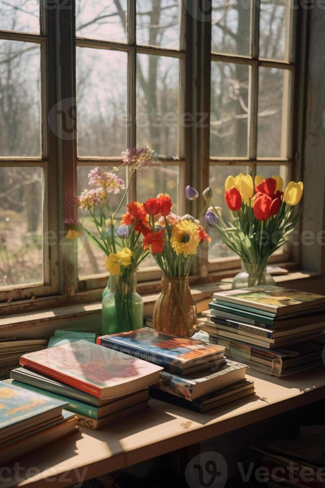 A photo of photobooks next to a big window.