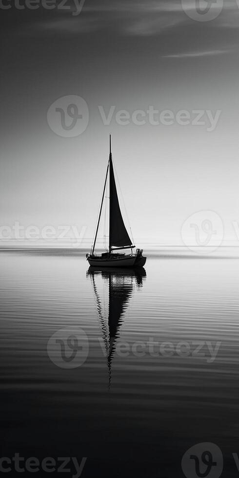 white image of a lone sailboat on a calm sea, photo