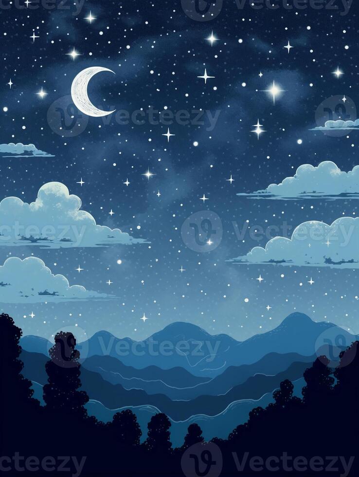 illustration of a moonlit night, with stars twinkling in the sky and clouds. photo