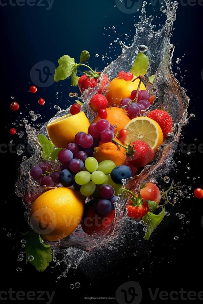 fresh fruits, splash, vibrant colors. photo