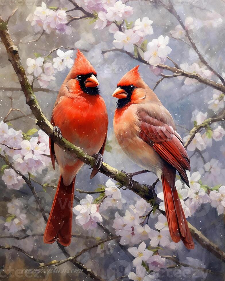 watercolor impressionist painting of cardinals depicting. photo