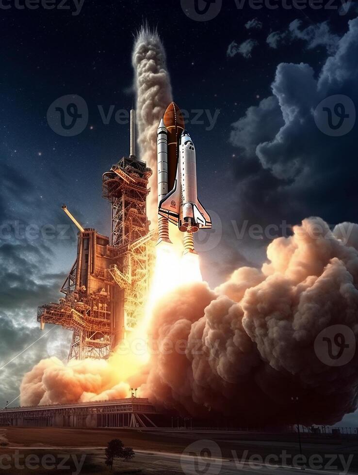 The space shuttles launching from the earth as a tectonic crisis destroys it. photo