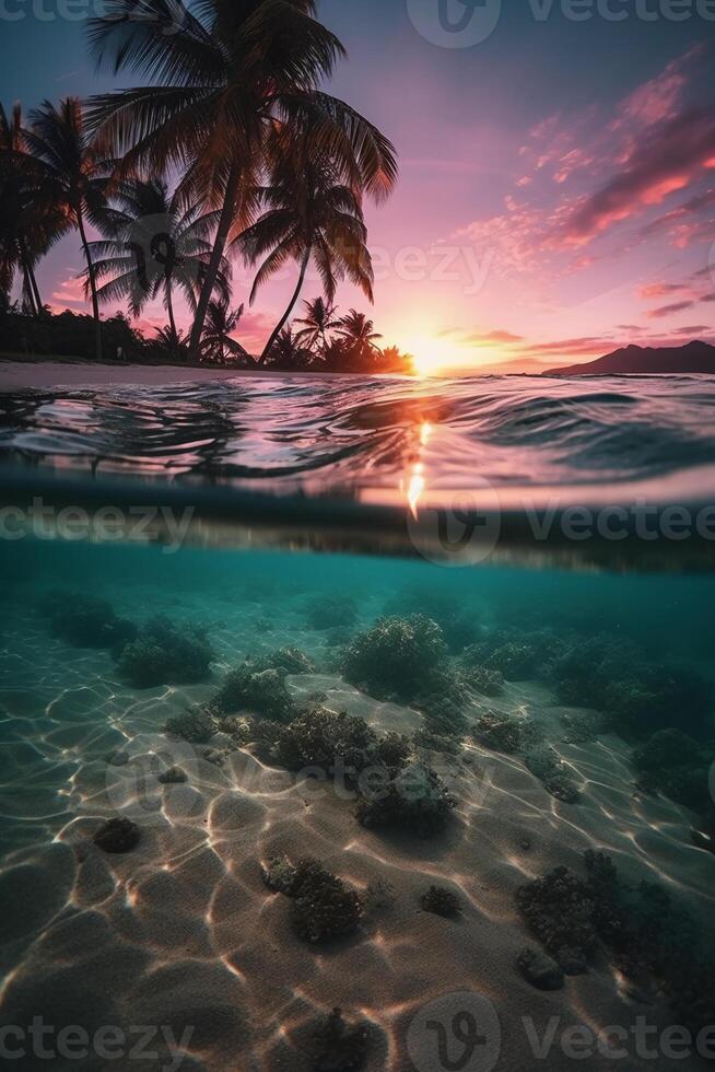 Photograph of beautiful inviting beach scene with pink sunset sky. photo