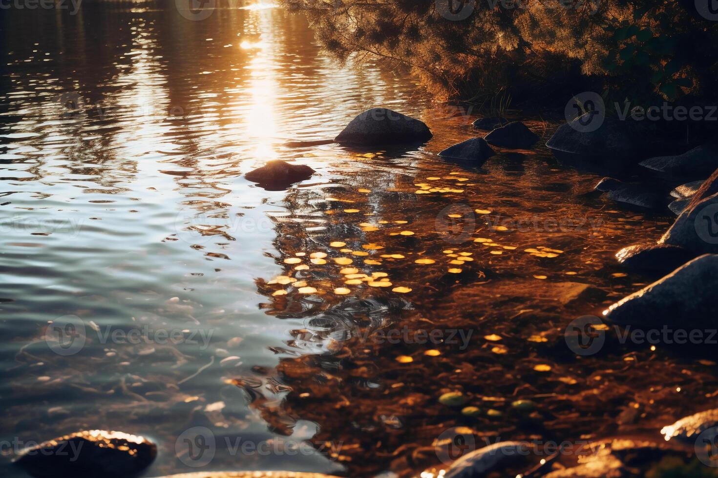 Lake, crisp radiant reflections, sunlight gleaming. photo