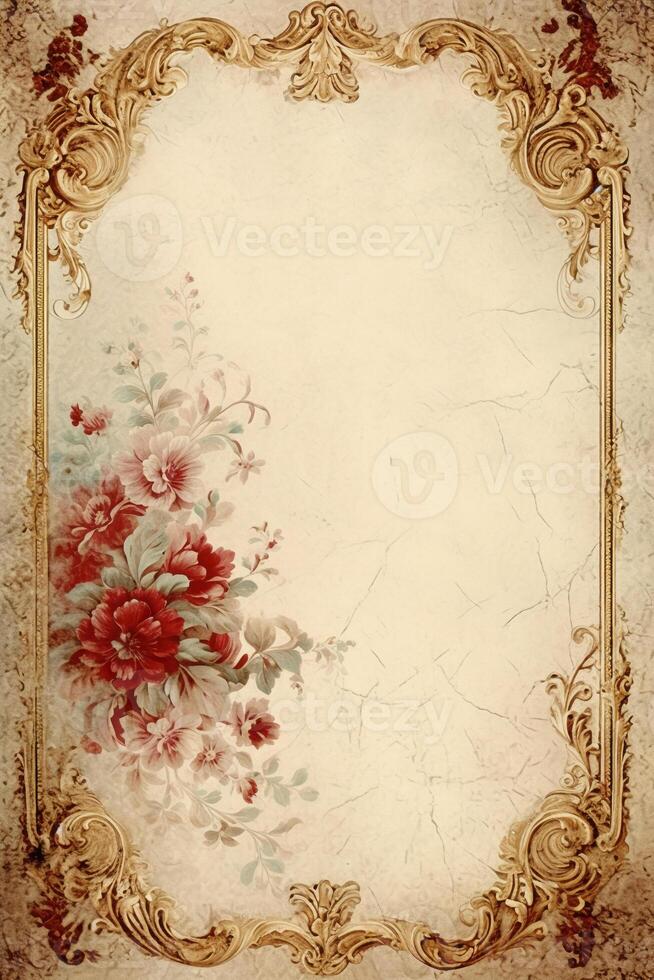 With copy space Old chipped paint background, light cream and gold ornate scrollwork. photo