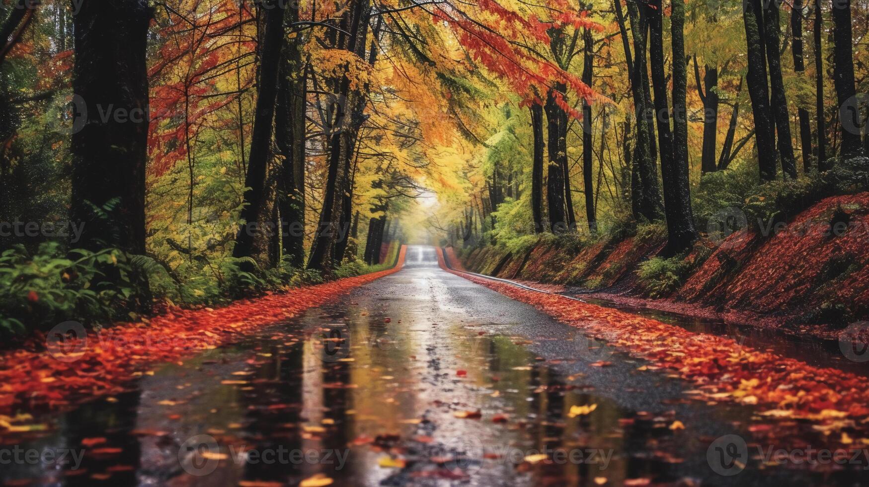 a beautiful long road in autumn season is lined with trees bearing colorful leaves. photo