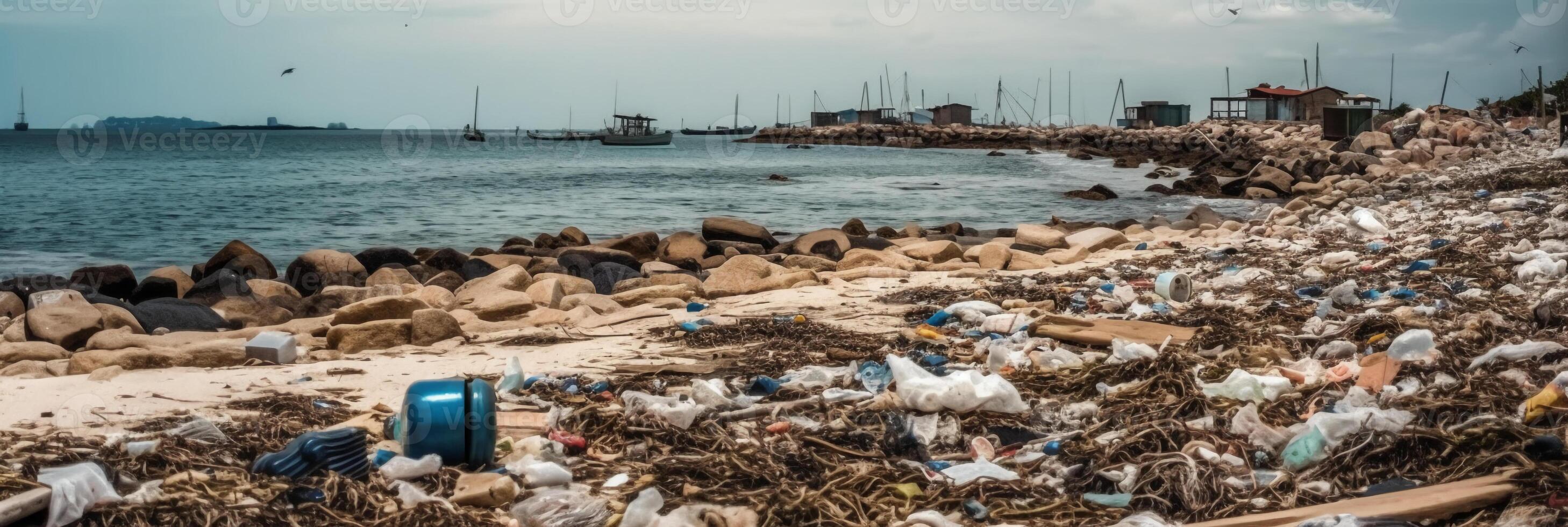 Beach full of garbage and plastic waste as wide banner for environmental and recycle concepts. photo