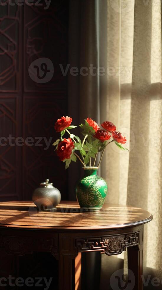 A brown table, wooden, classical style bouquet on the right side of the table. photo