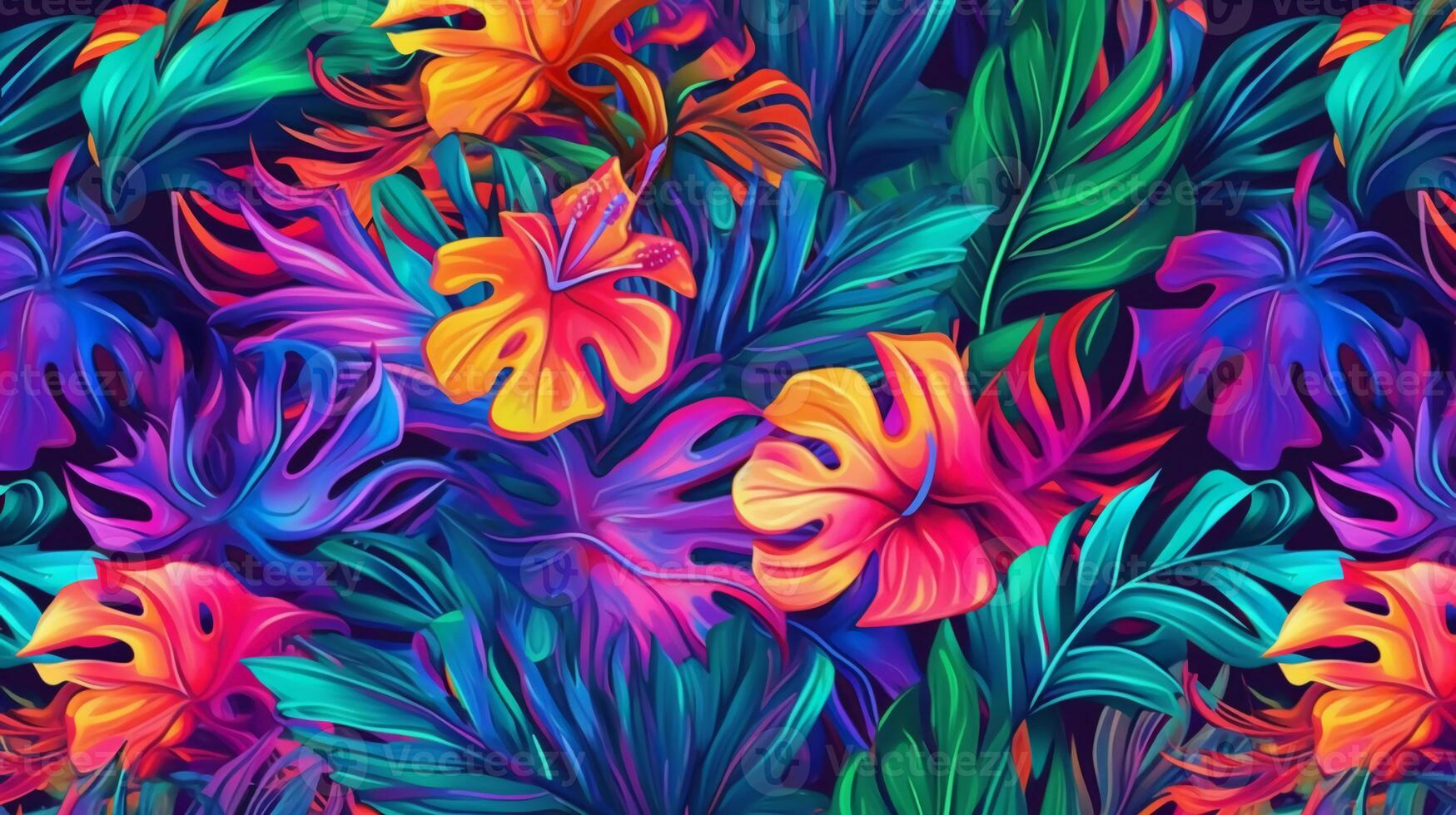 Jungle leaf pattern, hawaiian, hibiscus, neon bright colorful. photo