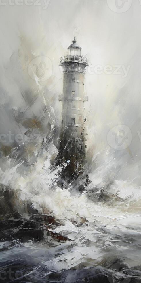 Massive Whitewater Smashes Into A White Lighthouse On A Foggy Day. photo