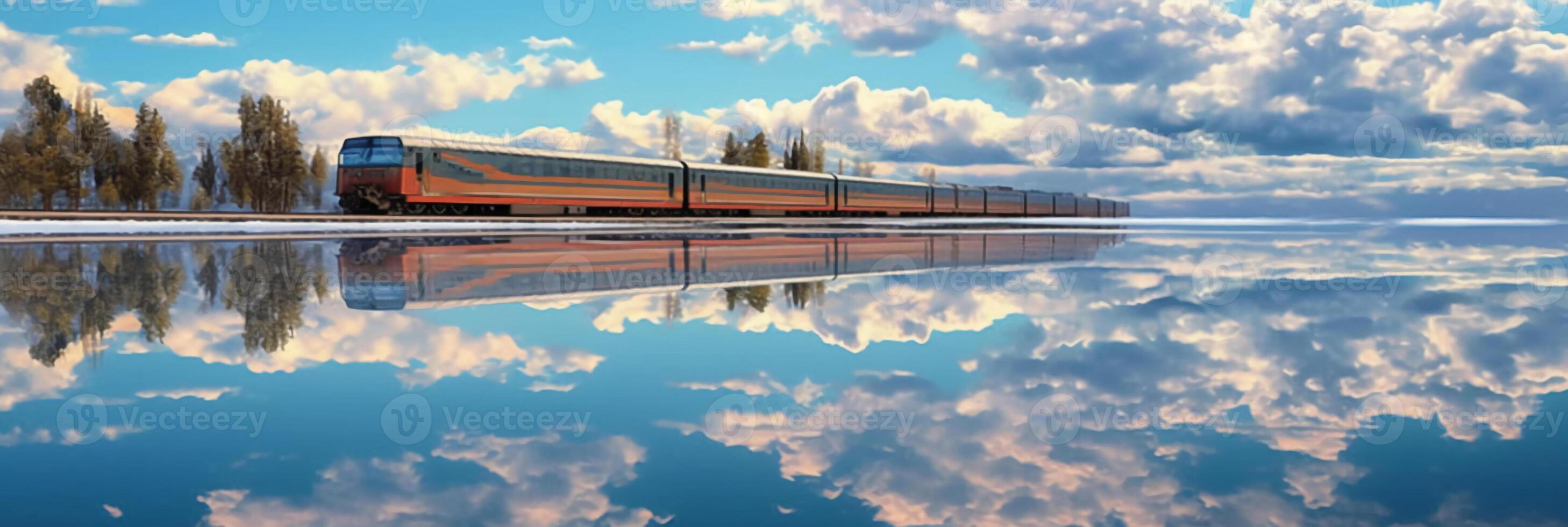 un tren es de viaje en lago, agua superficie refleja el cielo. ai generativo foto