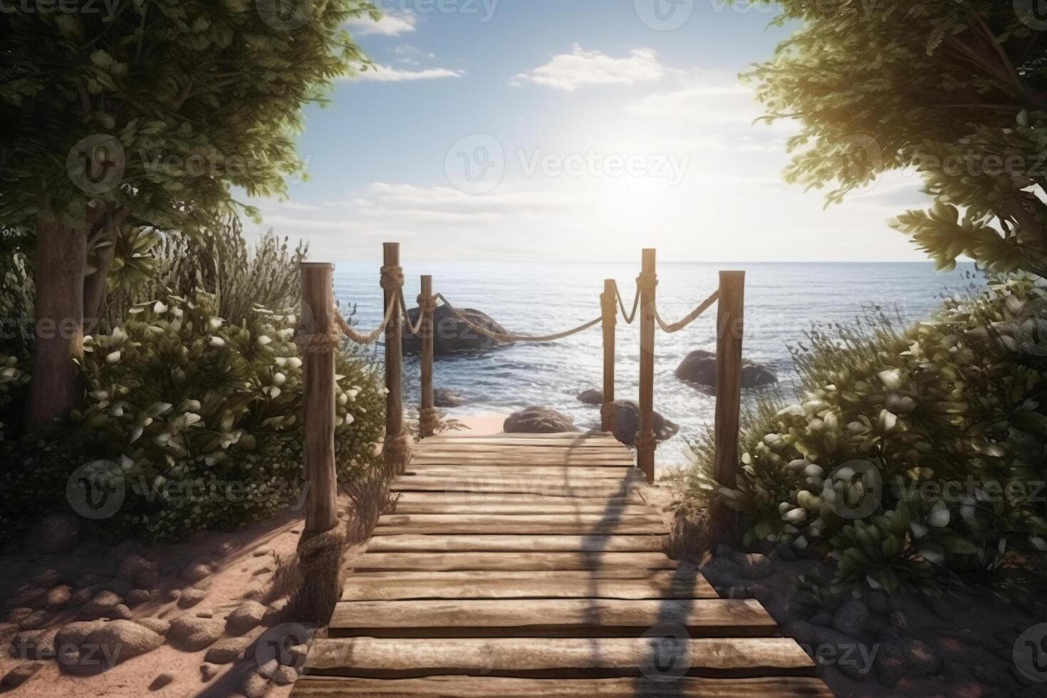 Photorealistic photo of a wooden path to the beach. Blue sky. plam trees, floral wedding arch white flowers.