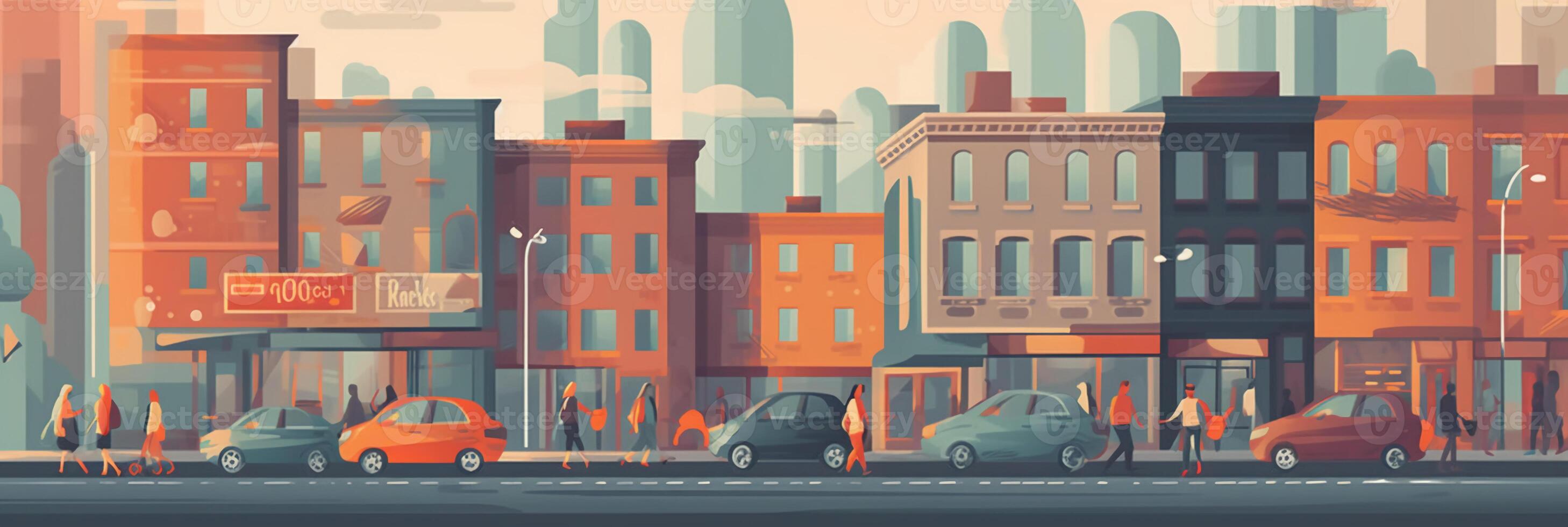 Flat 2d illustration city where people walking, some go to their work, cars on the road, high resolution. photo