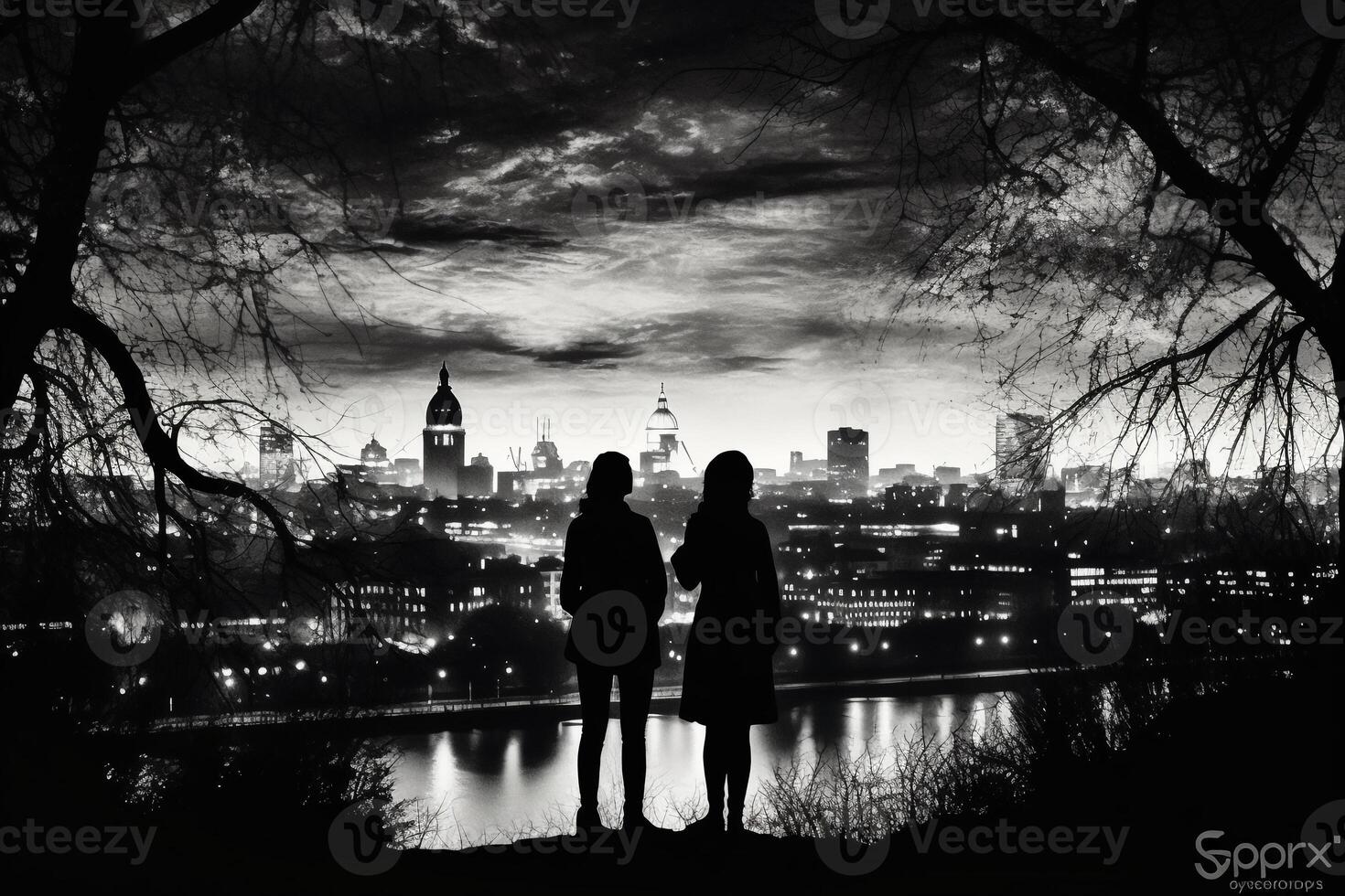 Silhouettes of two stargazing woman saying goodby, surrounded by trees and the contour of london city in the background. photo