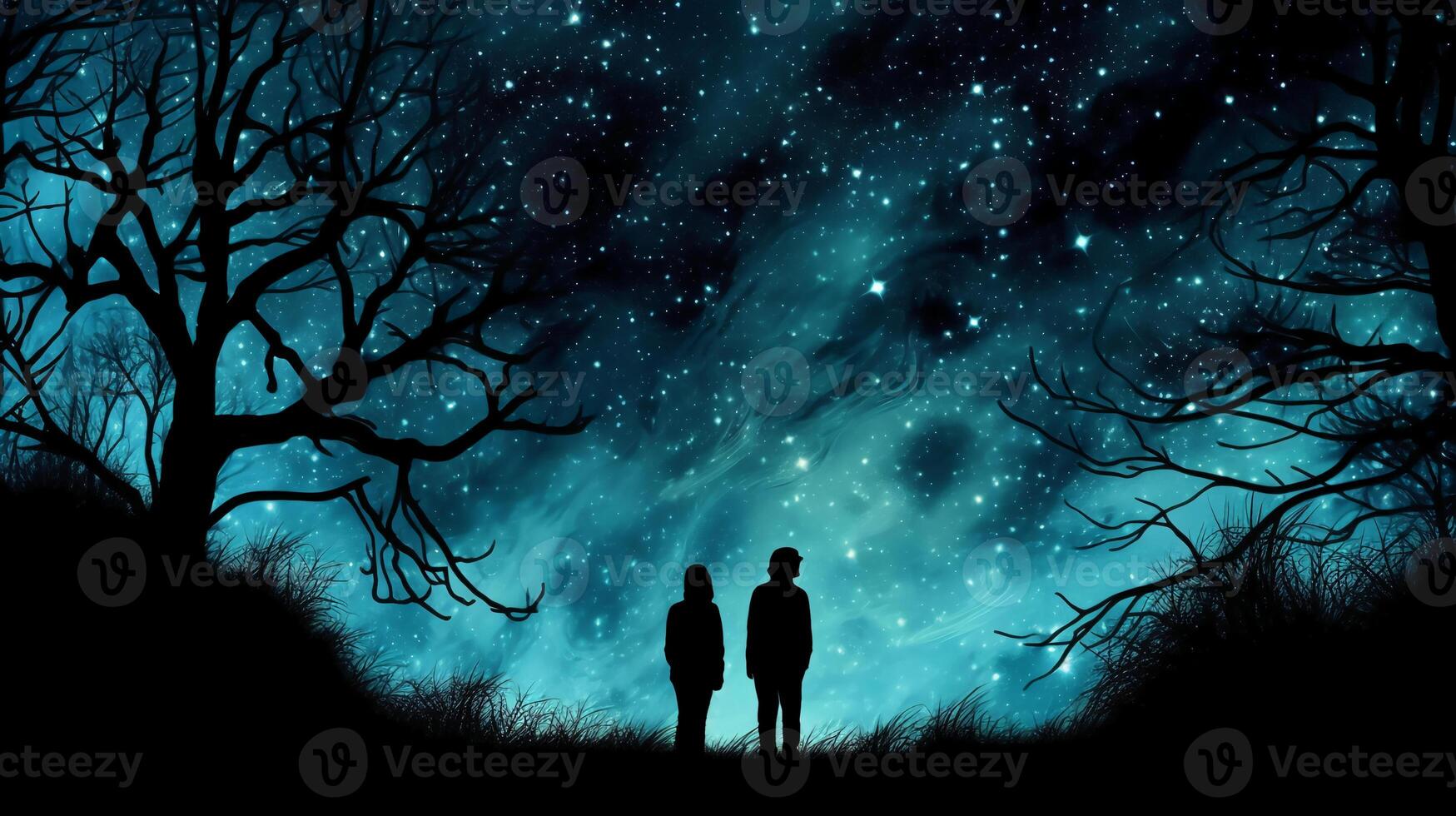 Silhouettes of two stargazing woman saying goodby, surrounded by trees and the contour of london city in the background. photo