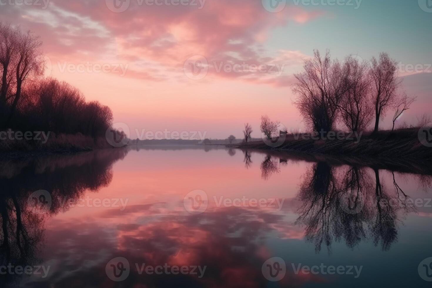 A scene in which the entire pink sky is reflected in the water. photo