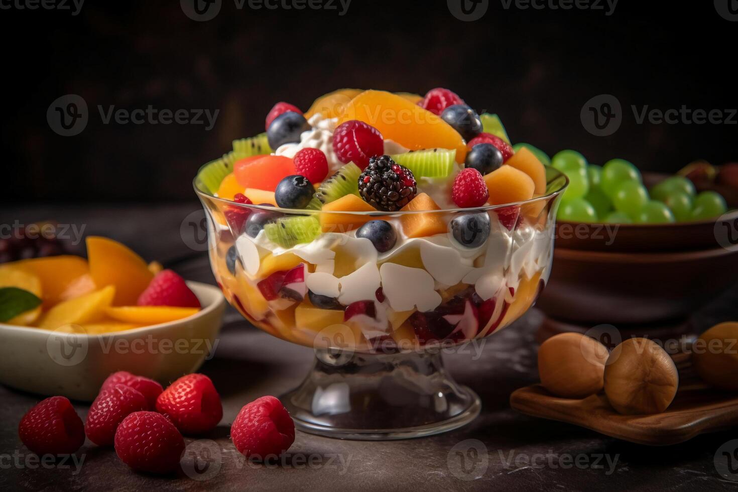 Colorful fruit salad in a glass bowl with different sliced fruits an whipped cream yogurt in a nice setup environment. photo