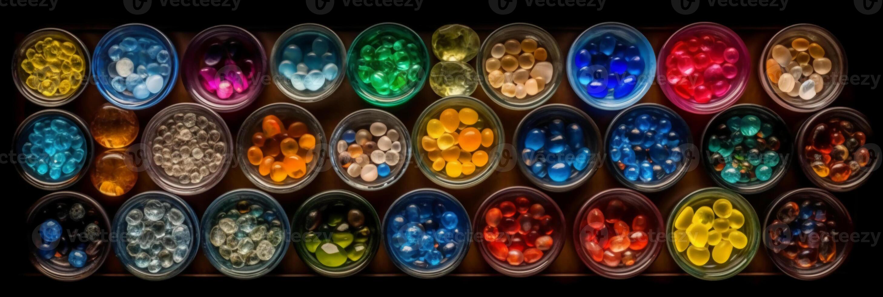 top view, aerial view, bowls of gemstones of the color of the rainbow. photo