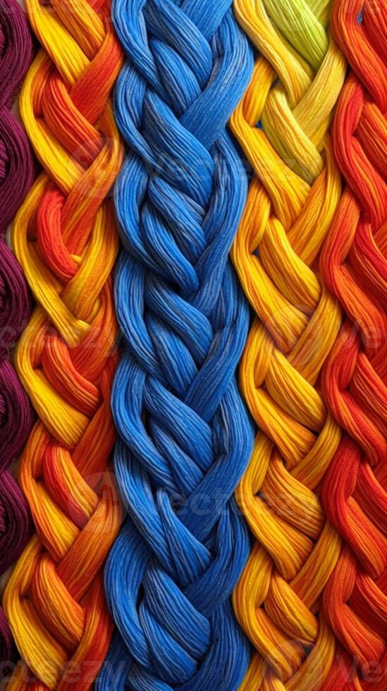 A pattern of multicoloured ropes and twines twisted. photo