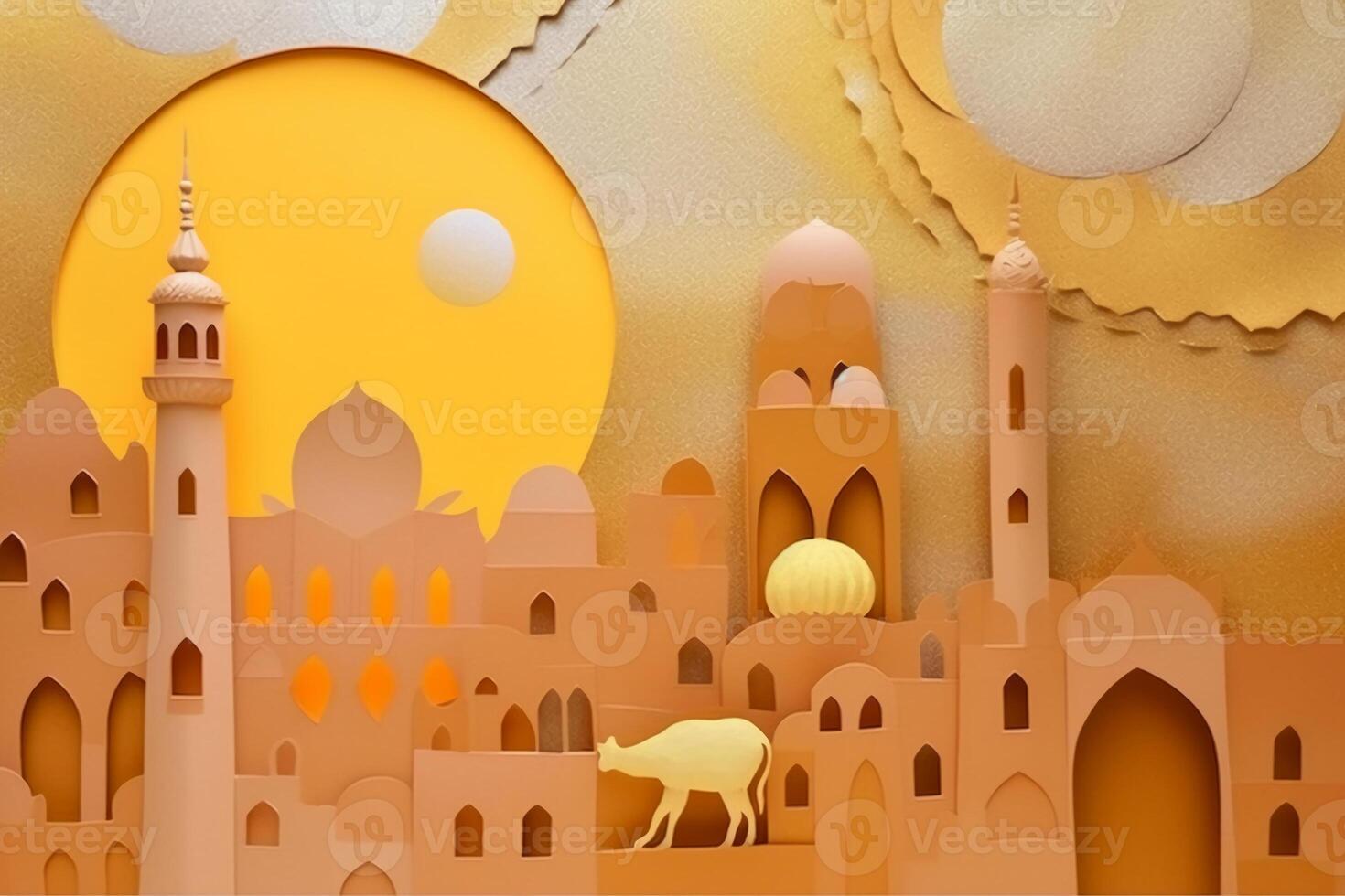 Ochre color background paper texture, Eid al adha mosque, lamb, kareem lantern painting at the top left and bottom right. photo