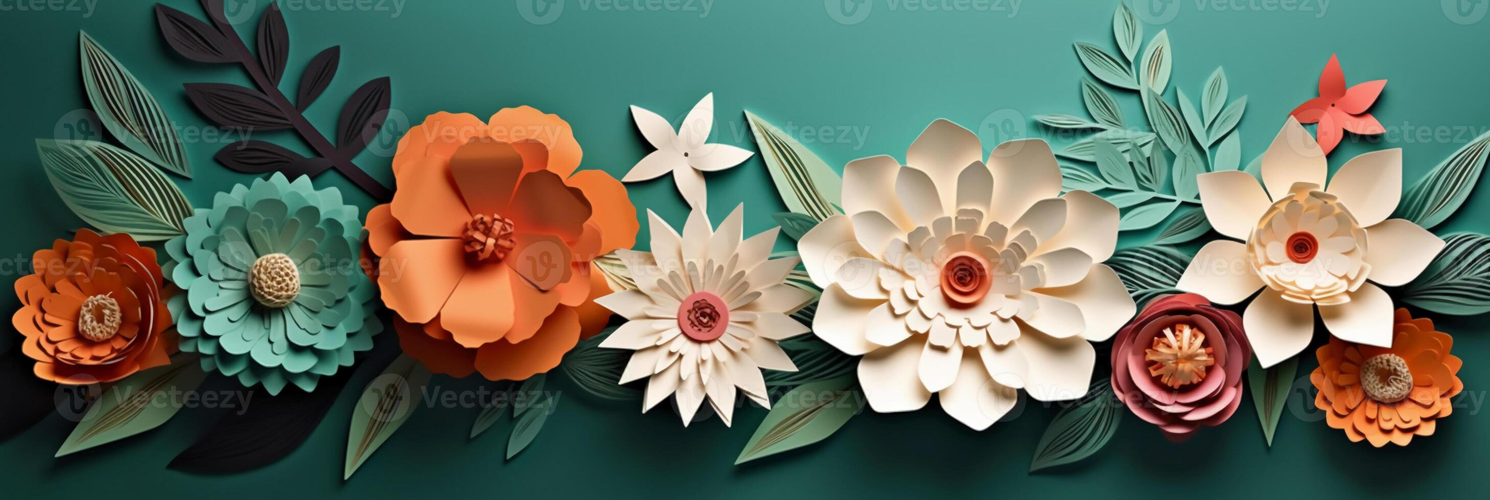 Seamless Paper Craft, layered art of flowers, copyspace. photo
