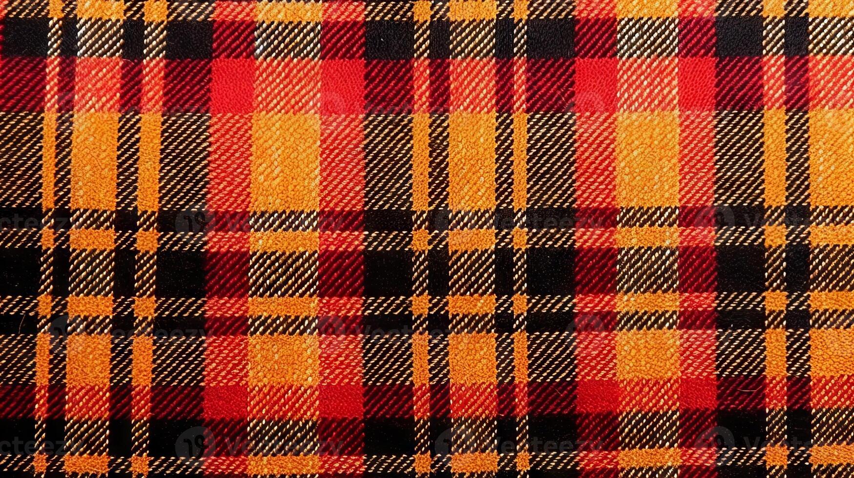 A vibrant red and yellow plaid fabric pattern up close. photo