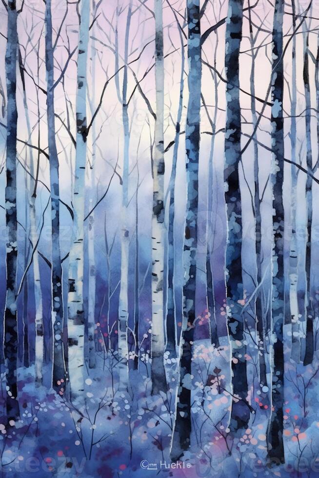 Birch trees in winter fine art print in the style. photo