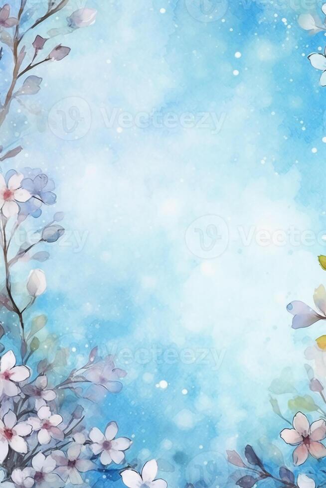 light blue background paper texture tiny petal flower painting in watercolor style. AI generative photo