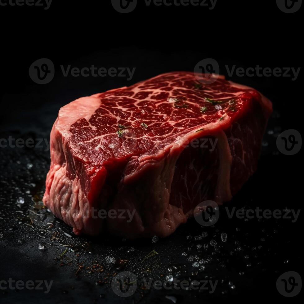 Fresh uncooked beef steak, black background. photo