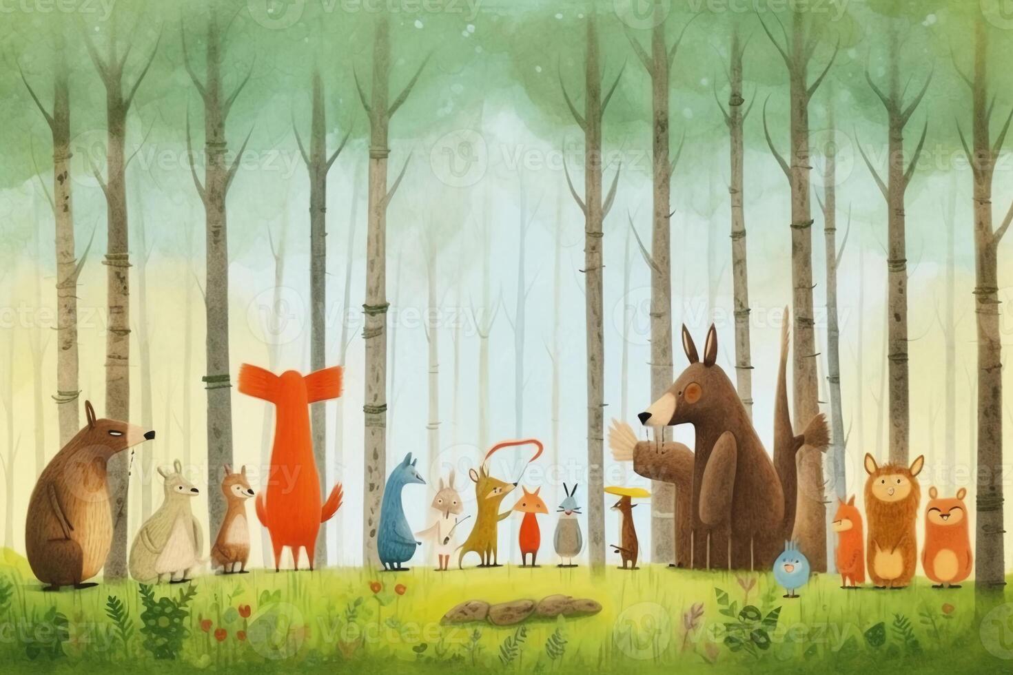 Animals in a forest working together, smiling, joyful, sunny background. photo