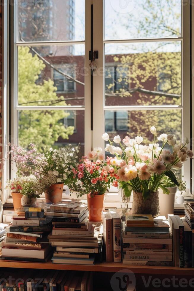 A photo of photobooks next to a big window.