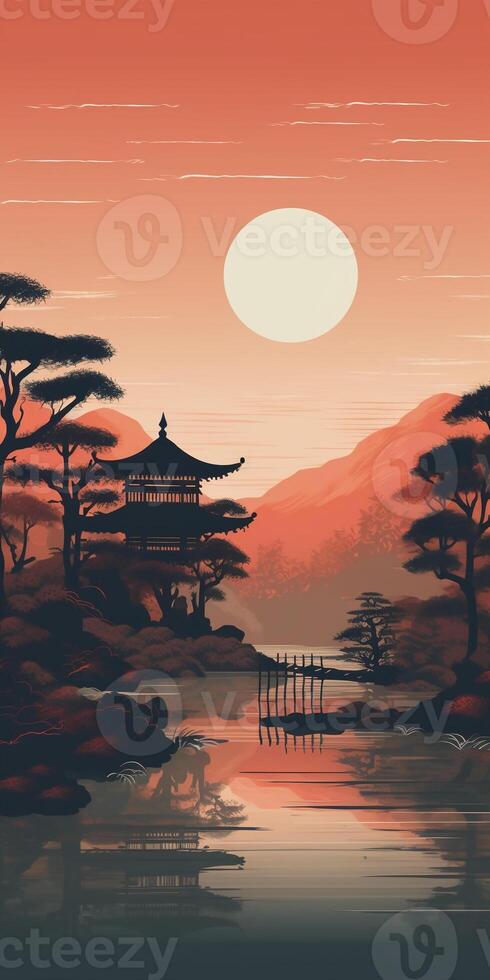 Vintage Minimalistic landscape, Japanese style. photo