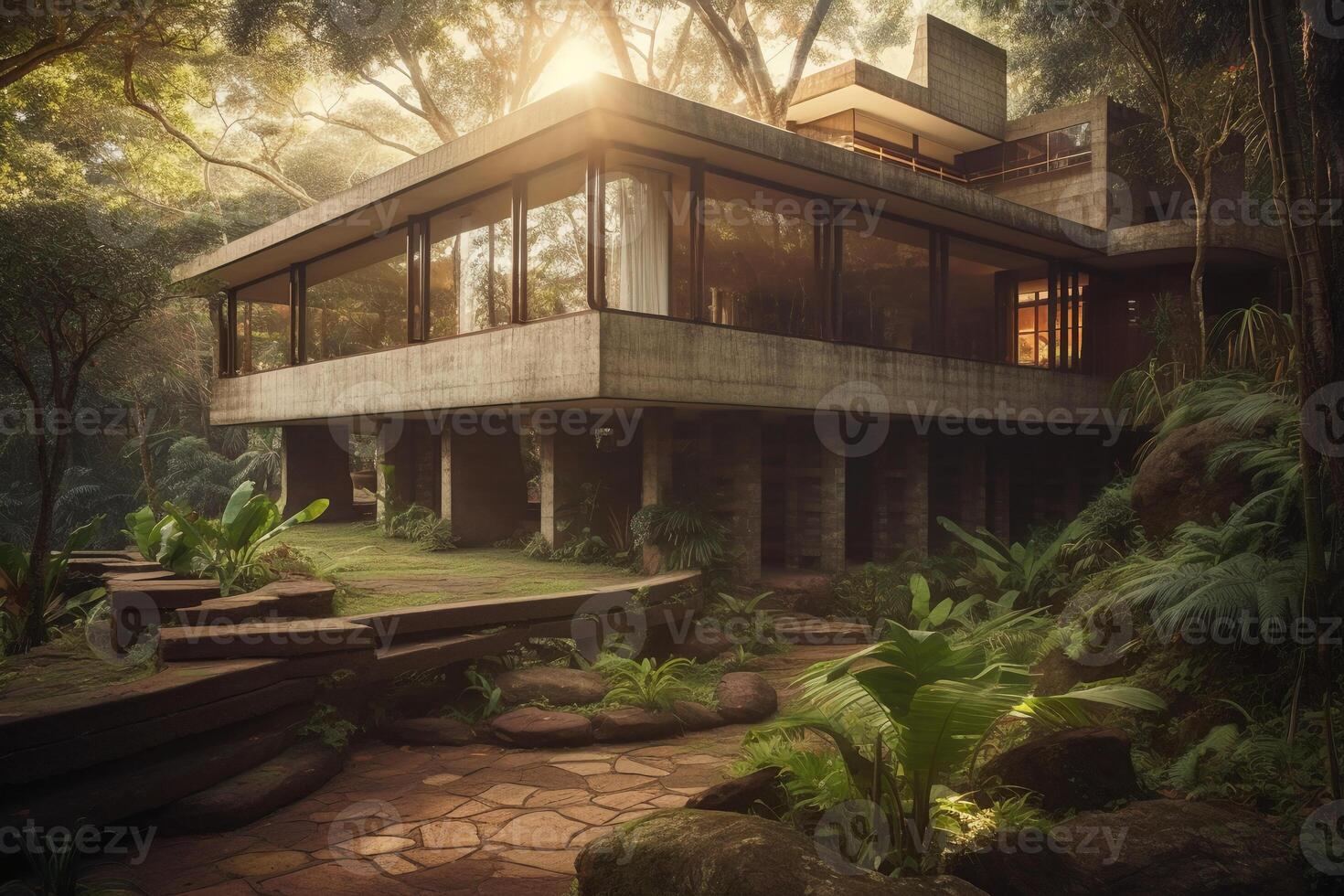 inspired new house in the brasilian jungle, brutalist, waterfalls, concrete, late in the day, sunshine through trees, view from parking towards glass patio, wide shot. photo
