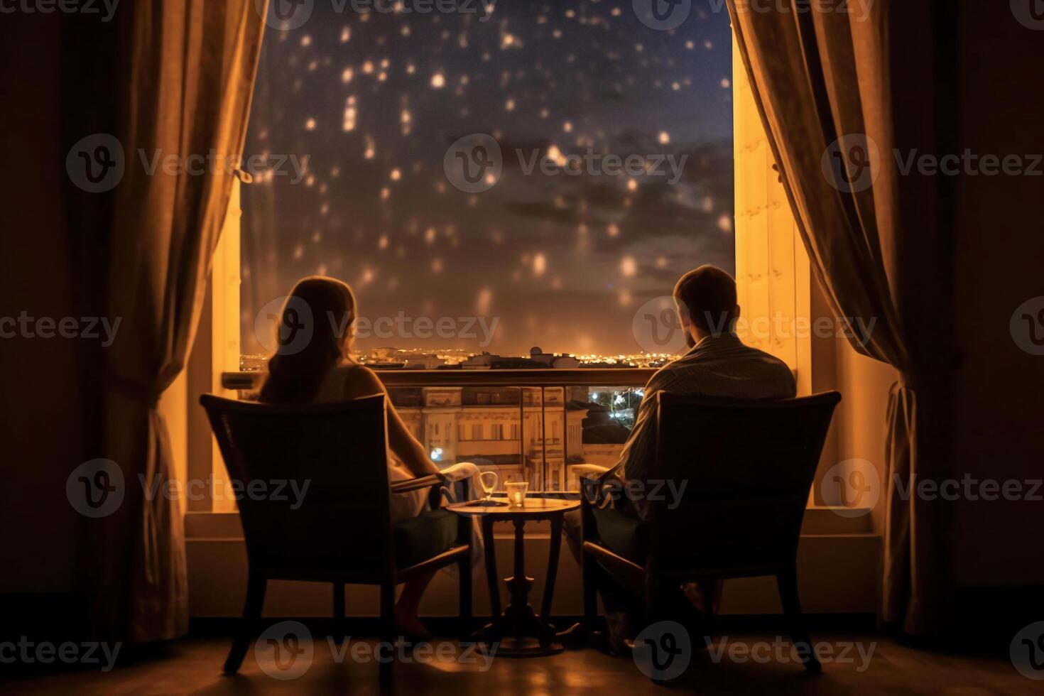 el espalda de un Pareja sentado por el hotel ventana, el ver mediante el ventana es un estrellado noche. ai generativo foto