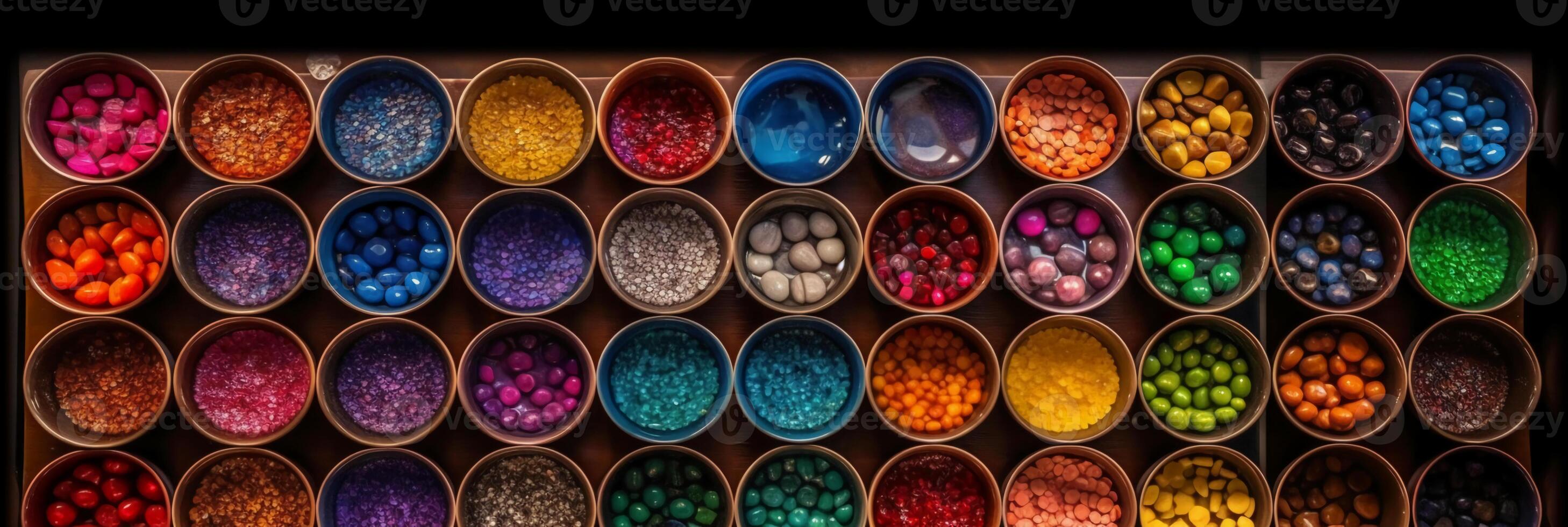 top view, aerial view, bowls of gemstones of the color of the rainbow. photo