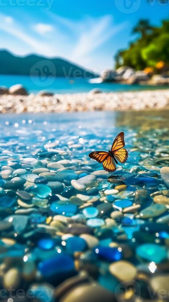 blue transparent pebbles on the beach. photo