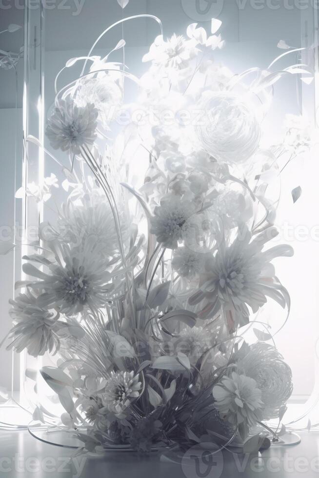 Translucent futuristic inorganic flowers, white background, behance, c4d, blender, OC renderer, dribble, high detail, 8k, studio lighting, art award, Cinema Lights. photo