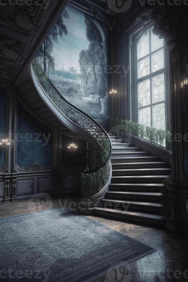 Castle staircase backdrop, luxury, interior design. photo