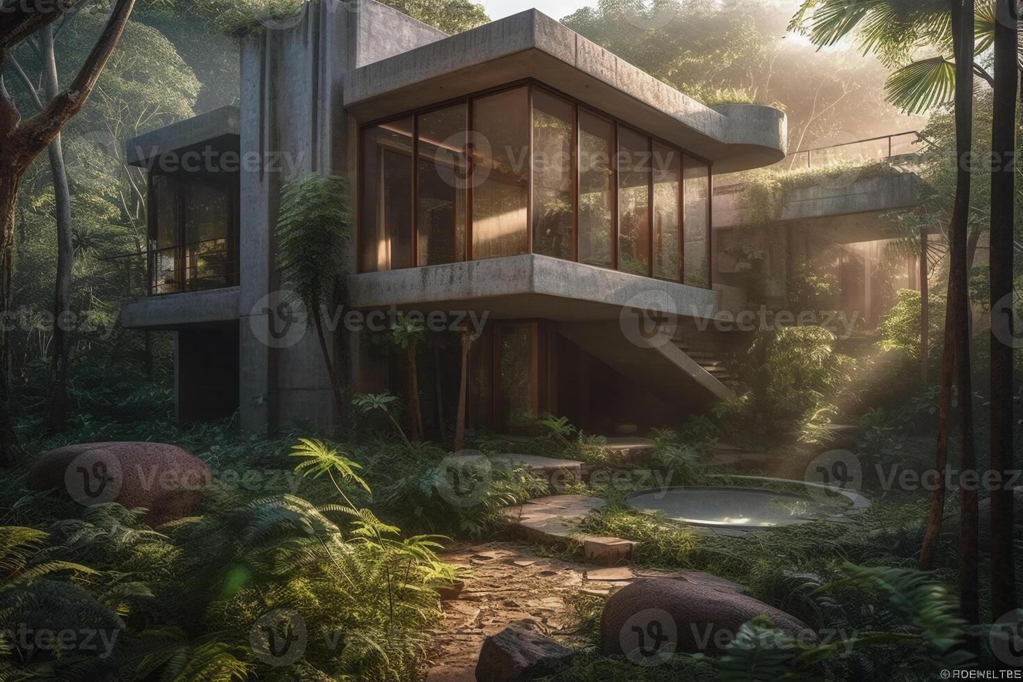 inspired new house in the brasilian jungle, brutalist, waterfalls, concrete, late in the day, sunshine through trees, view from parking towards glass patio, wide shot. photo