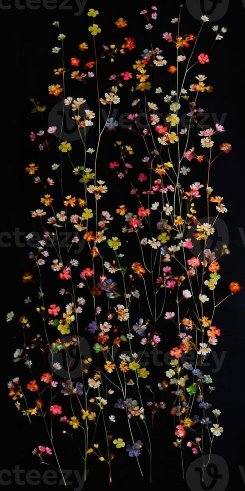 acuarela, pequeño flores, negro fondo, pulcramente organizado, continuo en todas direcciones. ai generativo foto