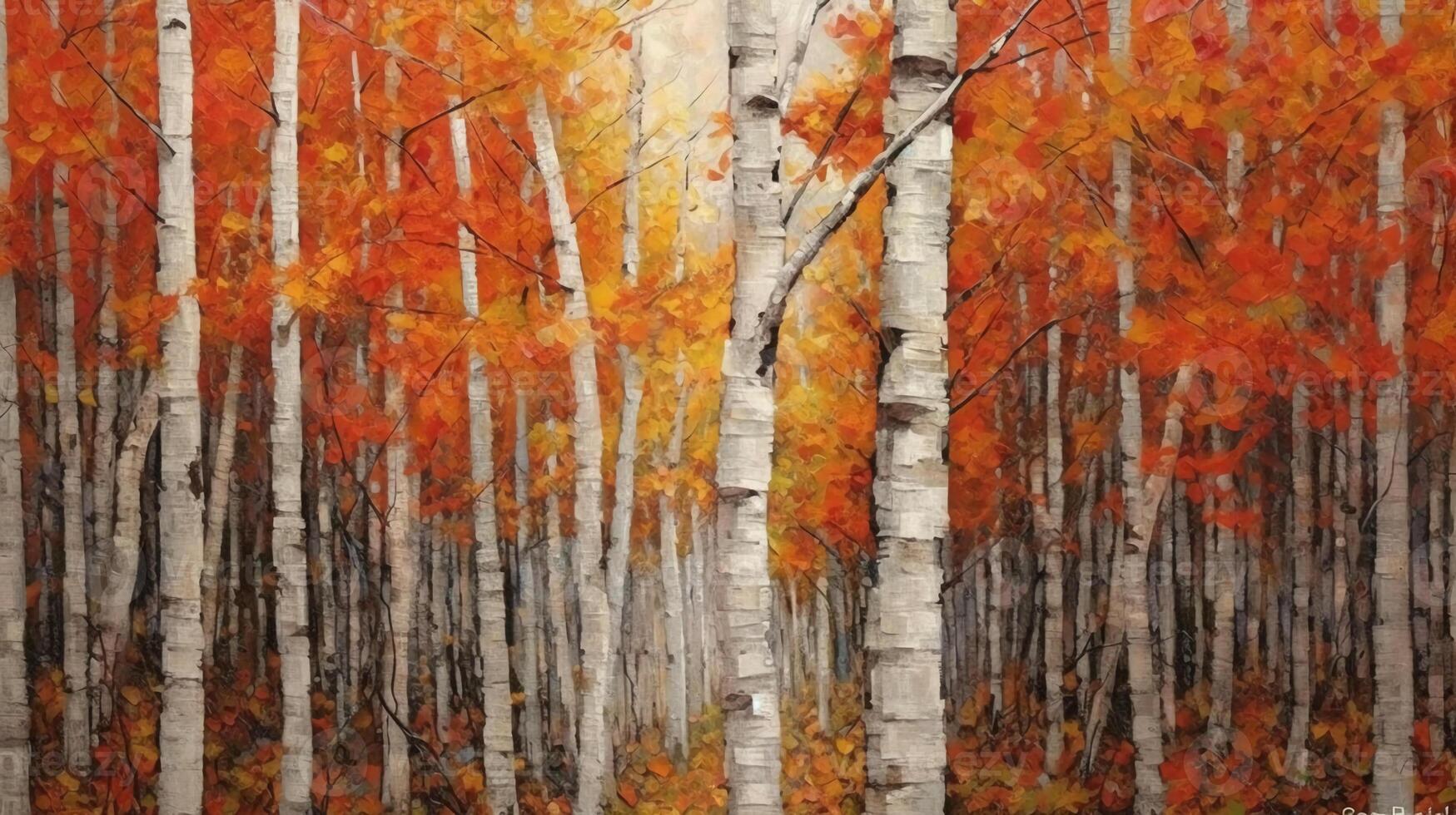 inspired diffusion art of an all of white birch trees and autumn foliage. photo