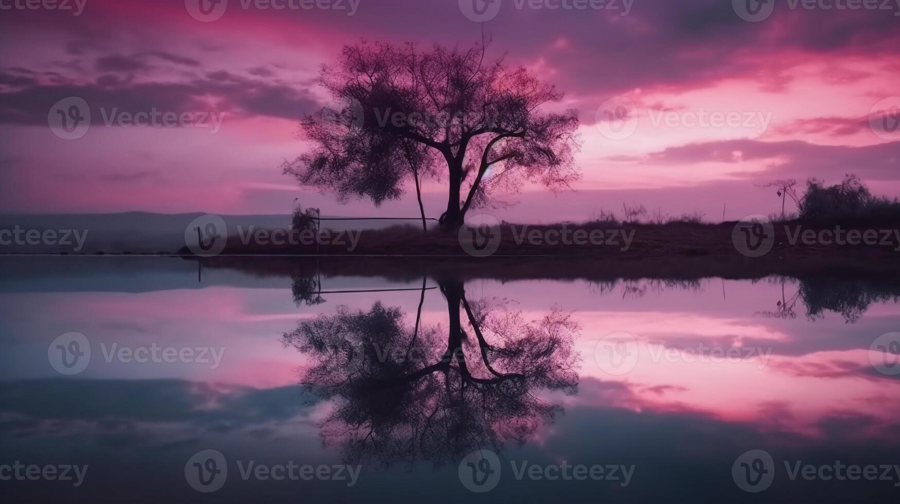 A scene in which the entire purple sky is reflected in the water. photo