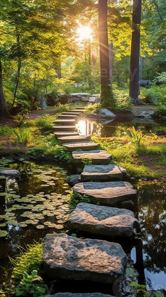 Luminous granite stepping stones leading to cottage in middle of pond. photo