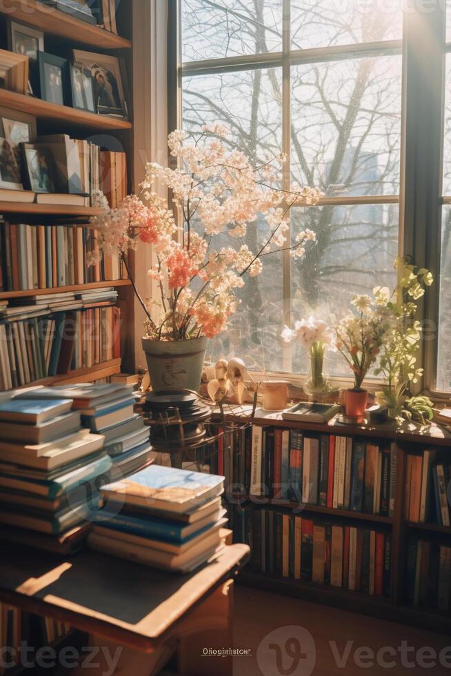 A photo of photobooks next to a big window.