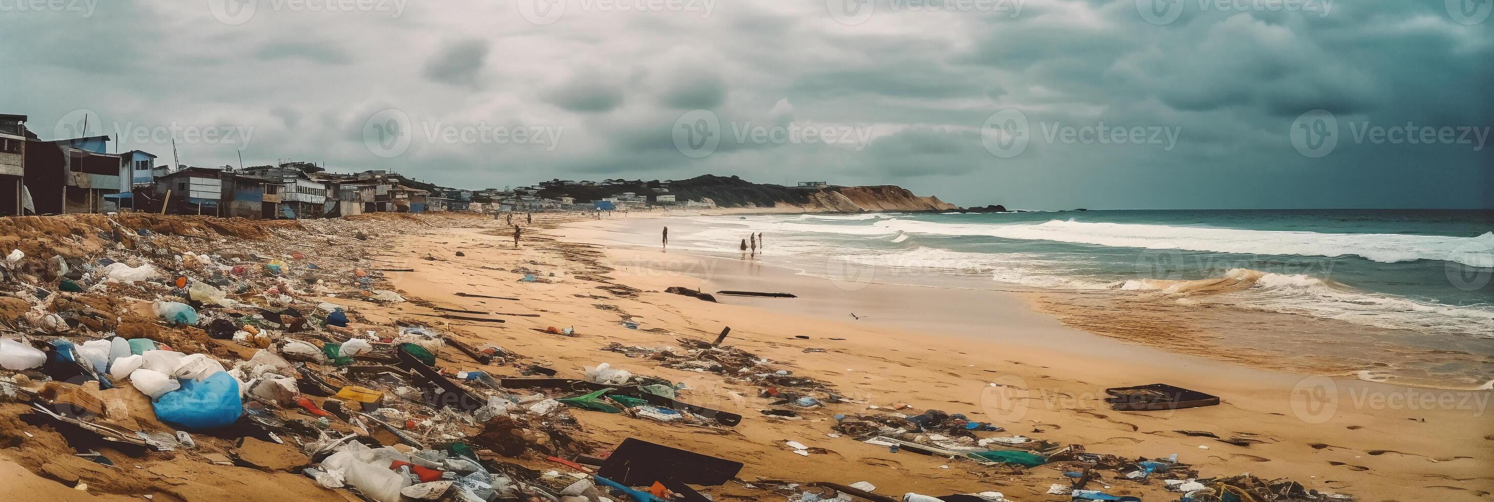 playa lleno de basura y el plastico residuos como amplio bandera para ambiental y reciclar conceptos. ai generativo foto