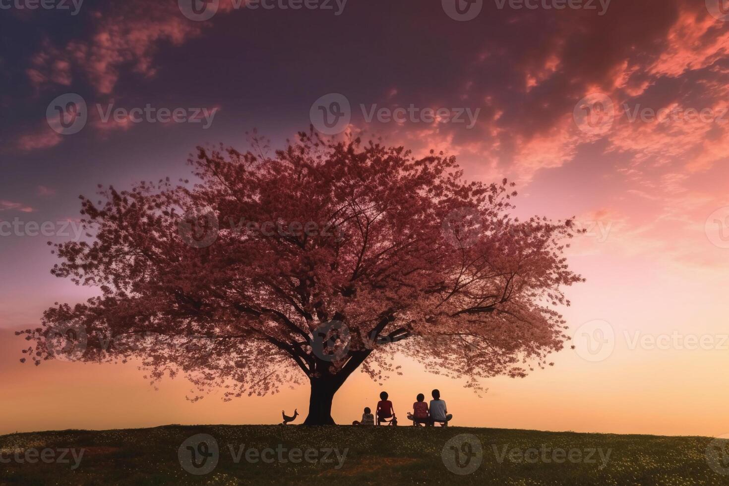 the silhouette of a family enjoying a picnic under a cherry blossom tree in sunset sky. photo