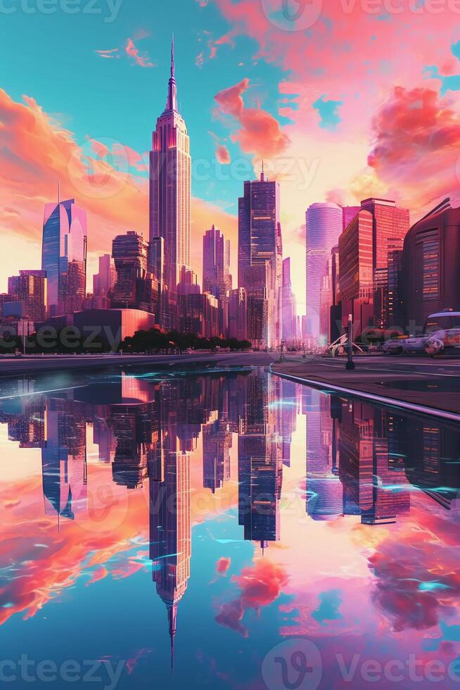 illustration of Hyperrealistic vaporwave manhattan. photo