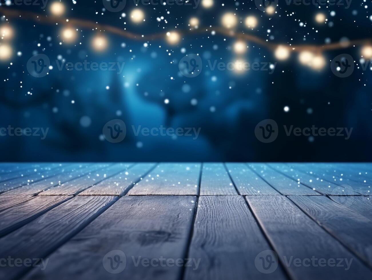 Winter snowy stage background with wooden flooring and Christmas lights on blue background, banner format, copy space. photo