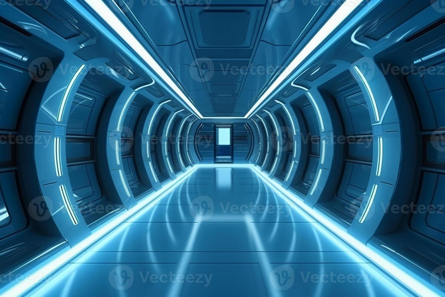 Futuristic background science fiction interior and blue light architecture corridor. photo