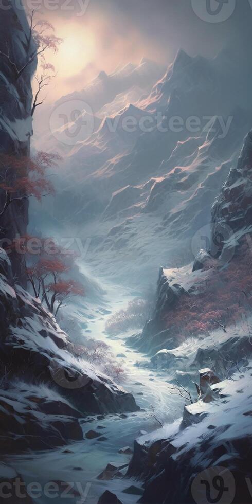 A painting of a valley covered in snow, in the style of dark fantasy, realistic lighting, luminosity of water, flowing silhouettes, fairy tale. photo